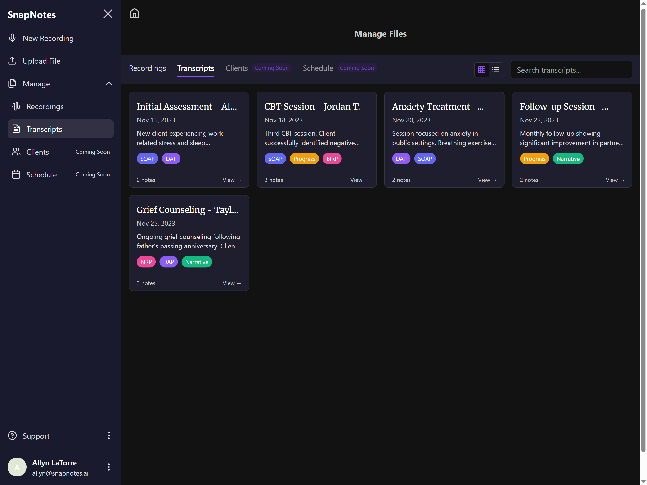 Transcript Management - Dark Theme